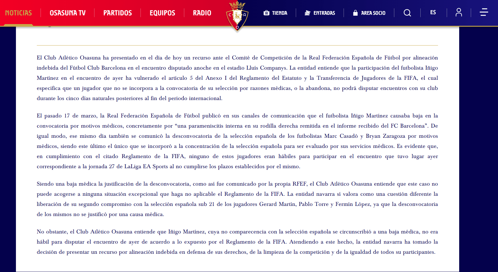 Comunicado oficial de Osasuna impugnando la alineación de Iñigo