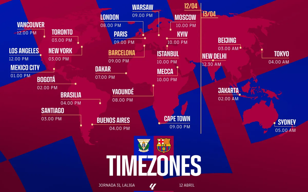 Horarios internacionales del Leganés - FC Barcelona