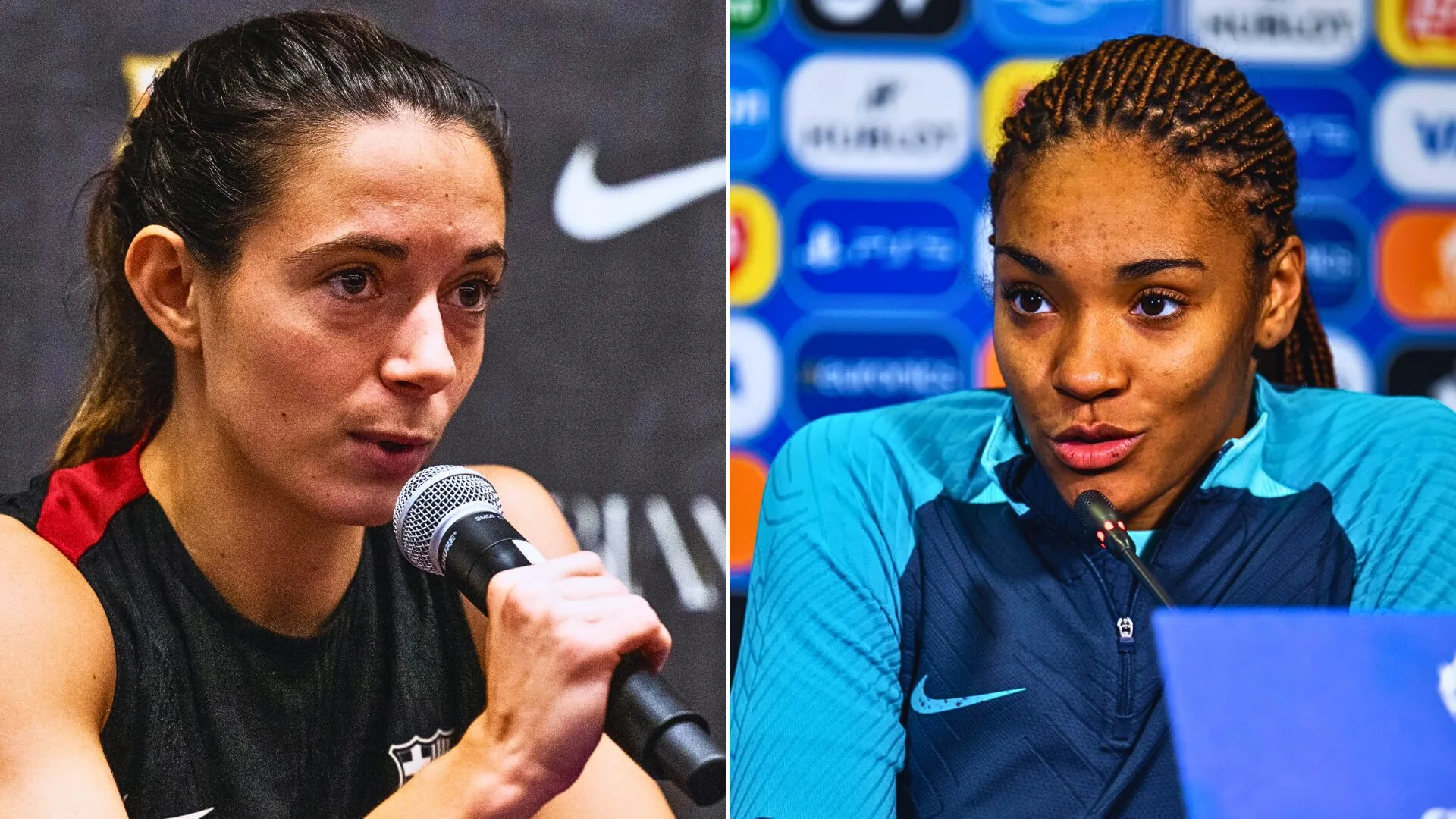 Aitana Bonmatí y Salma Paralluelo en zona mixta tras el partido